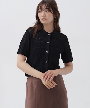 ポロ襟メッシュカーディガン
