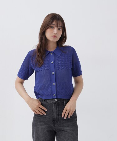 ポロ襟メッシュカーディガン