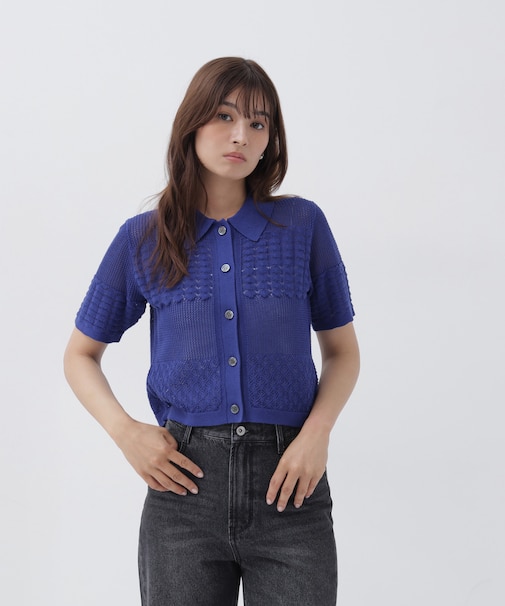 ポロ襟メッシュカーディガン