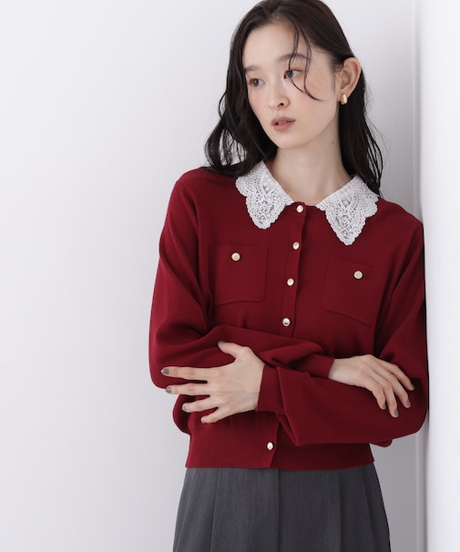 〈N.〉レースカラーニットカーデ