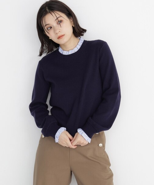 ストライプフリルネックニット