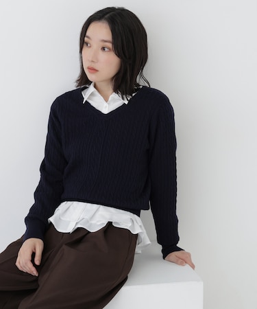 ミニケーブルVネックニット
