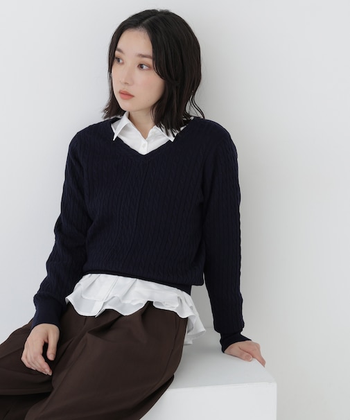 ミニケーブルVネックニット