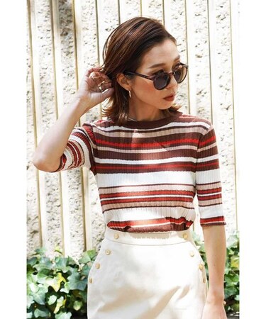 ◆ランダムボーダー5分袖ニット