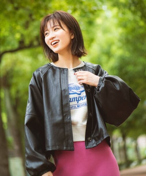 ＜SET UP対応＞フェイクレザーノーカラーボリュームスリーブジャケット