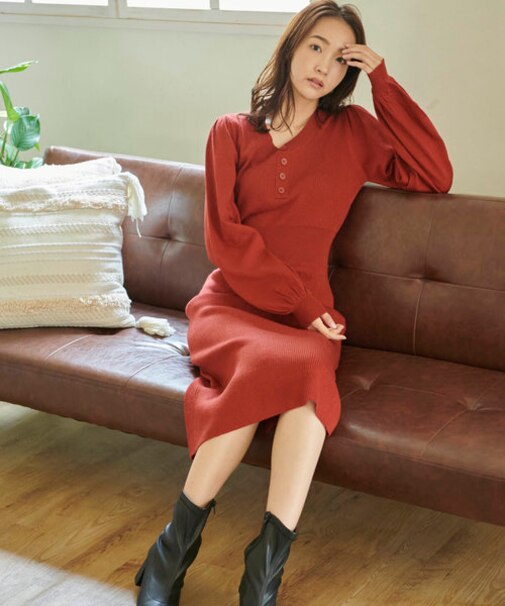 ヘンリーネックボリュームスリーブニットワンピース