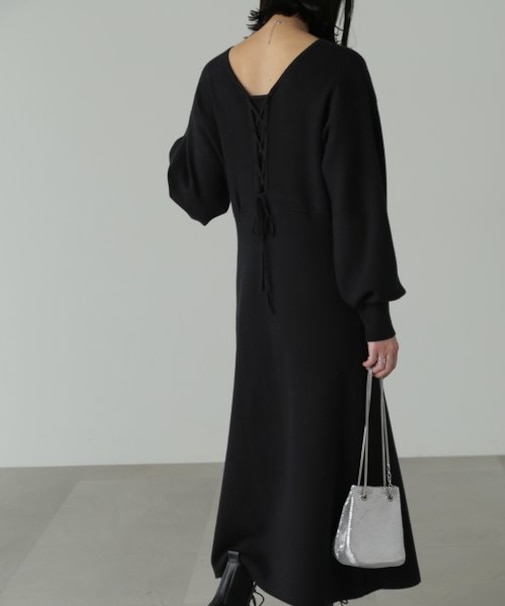 バックレースアップロングニットワンピース