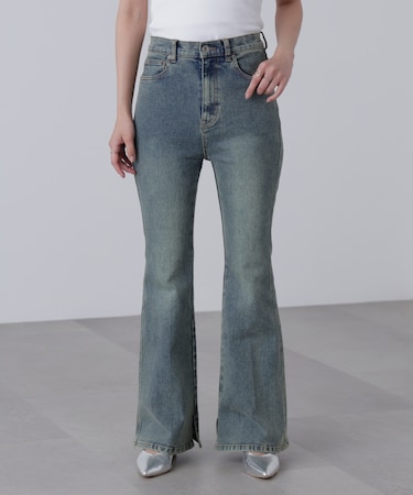 【3サイズ展開XS-M] 内スリットベルボトムデニムパンツ