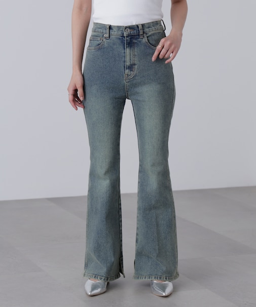 【3サイズ展開XS-M] 内スリットベルボトムデニムパンツ