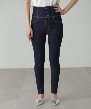 ハイウエストボタンフライスキニーデニムパンツ