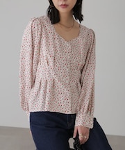 ウエストタック花柄ブラウス