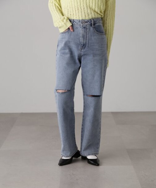 [低身長サイズ／Sシリーズ]ニーカットストレートデニムパンツ