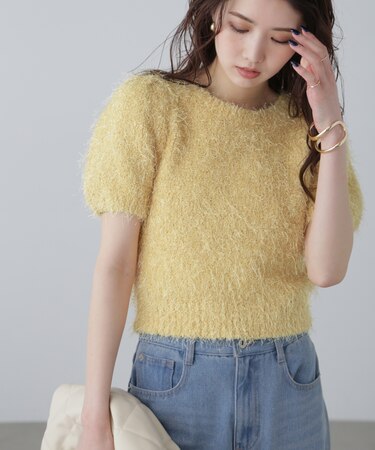 フェザーパフスリーブ半袖ニット