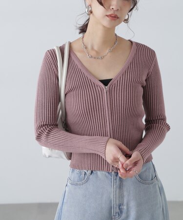 フロントジップリブVネックニット