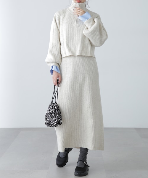 ハーフジップニット×ナロースカートセットアップ｜フリーズマートの
