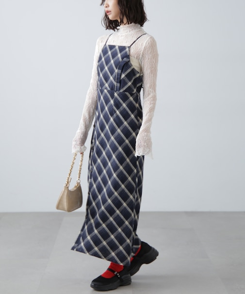 ボタンスリットチェックキャミワンピース