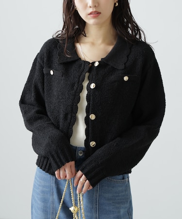 ［WEB限定:ブラックカラーのみ］ミニブークレツイードライクニットカーディガン