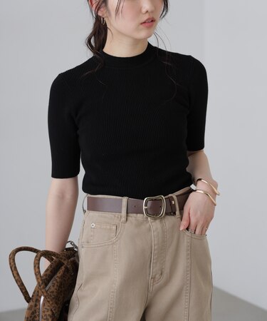 〈洗える〉マシンウォッシャブルリブハイネック5分袖ニット