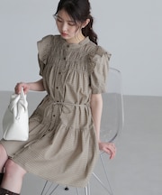 ミニチェック肩フリルティアードミニワンピース