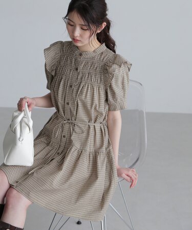 ミニチェック肩フリルティアードミニワンピース