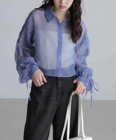 シアー短丈袖ドロストシャツ