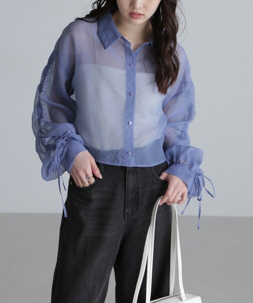 シアー短丈袖ドロストシャツ