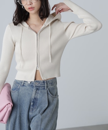 配色リブショート丈ニットパーカー