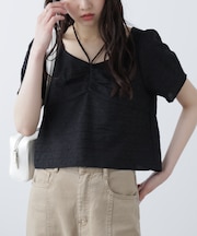 フロントギャザーネックリボン付き半袖ブラウス