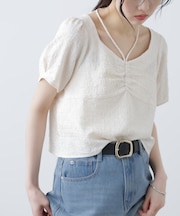 フロントギャザーネックリボン付き半袖ブラウス