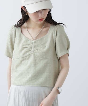 フロントギャザーネックリボン付き半袖ブラウス