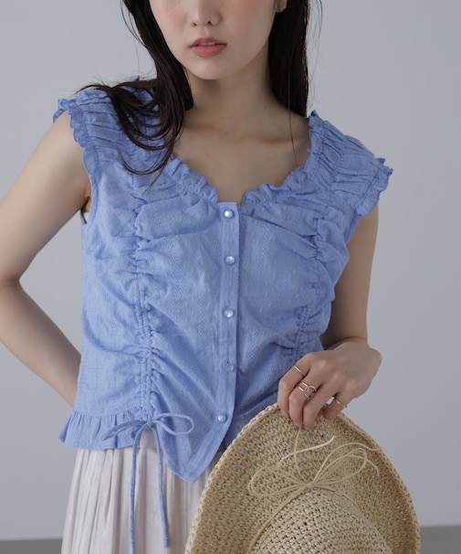 ドロストリボンフレンチブラウス