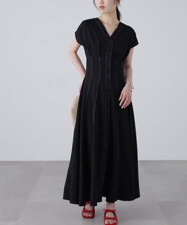 ウエストシェイプ配色ステッチワンピース