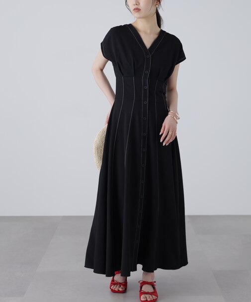 ウエストシェイプ配色ステッチワンピース