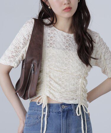 ストレッチレースドロストトップス