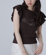 肩フリル編地切り替えニット