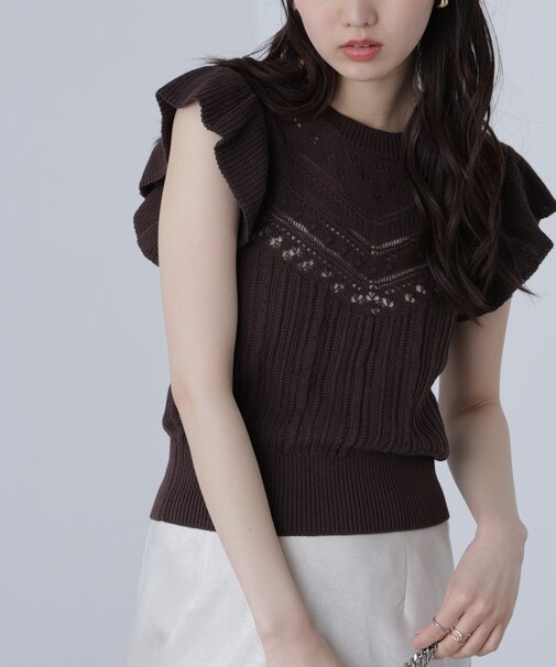 肩フリル編地切り替えニット