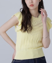 肩フリル編地切り替えニット