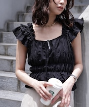 前後2way肩フリルシャーリングペプラムブラウス