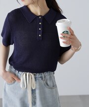 金ボタンクロップドポロニット