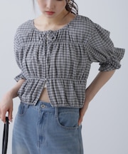 シアーギャザー前開き短丈半袖ブラウス