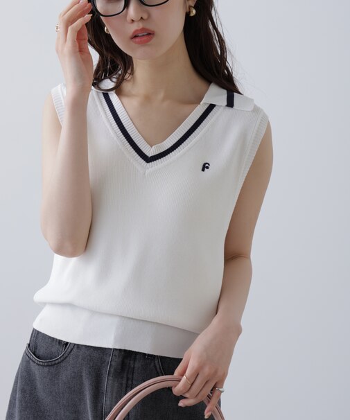 Vネックポロノースリーブニット