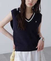 Vネックポロノースリーブニット