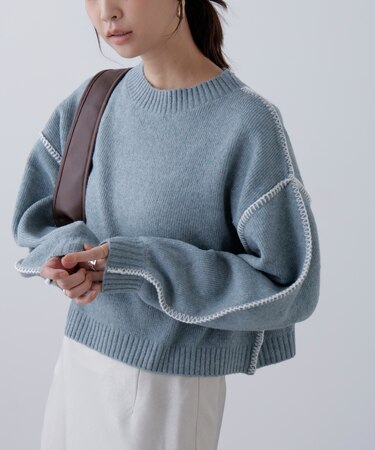 杢ストレッチ総針配色ステッチニット