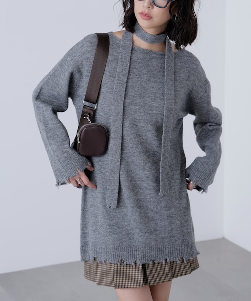 モヘヤ混タイ付きルーズミニワンピース