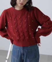 パール付きケーブルショート丈ニット