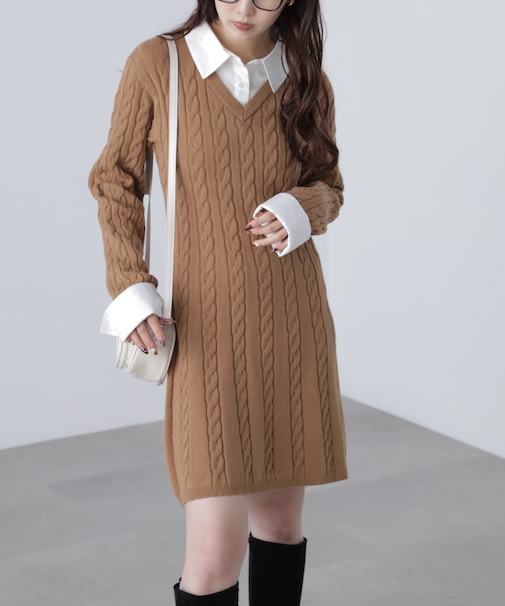 レイヤード風ケーブルニットミニワンピース