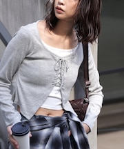 レースアップレイヤード長袖カットソー
