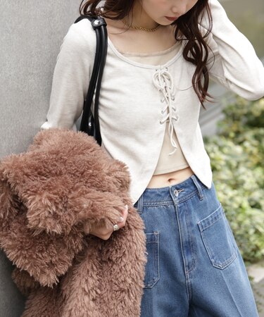 レースアップレイヤード長袖カットソー