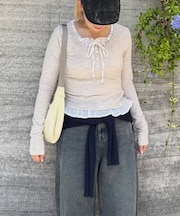 レイヤード風フリルリボンカットソー