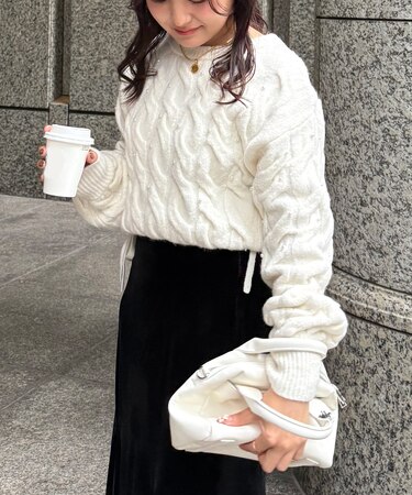 ウエストゴムパールミックスケーブルドロストニット